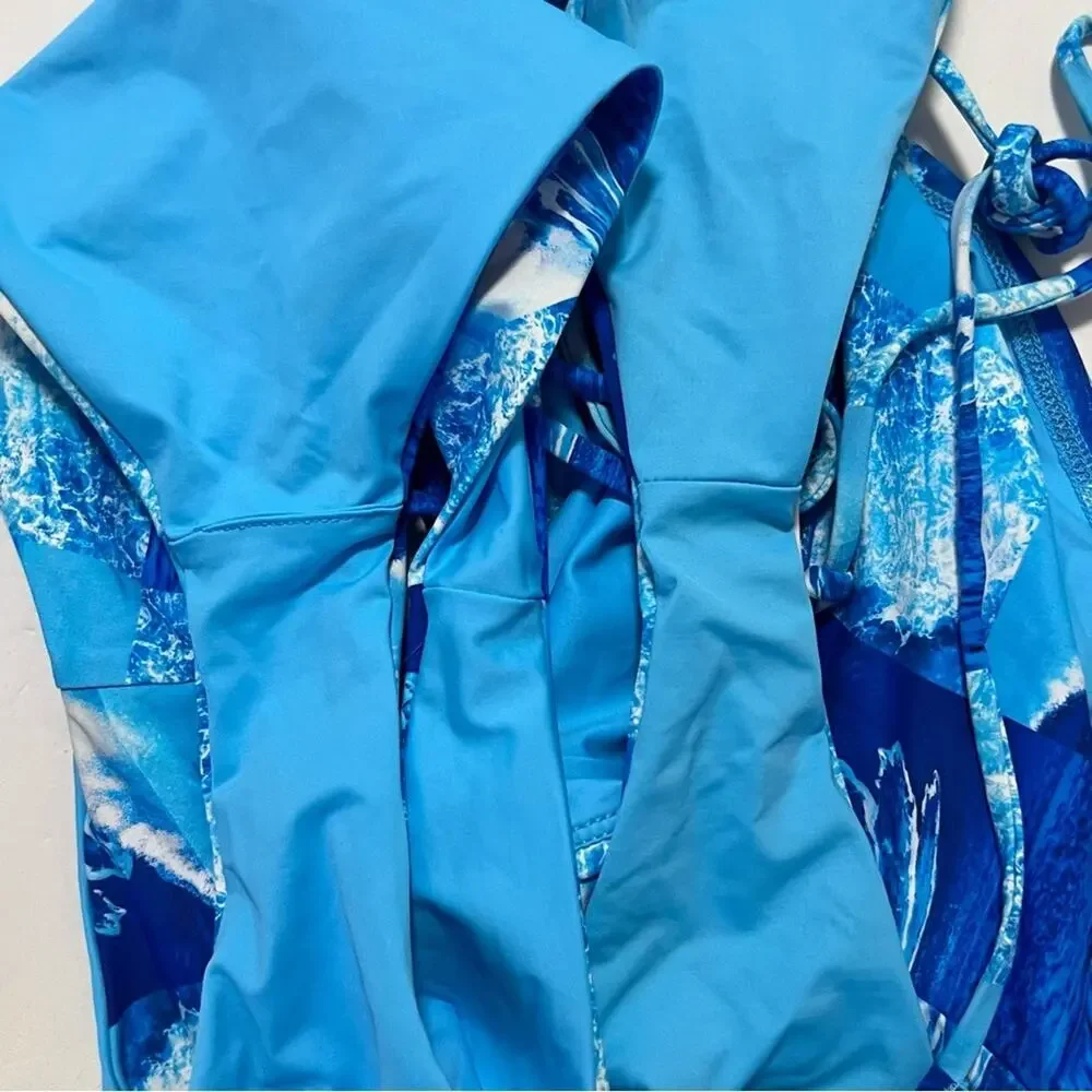 3 Piece SET Frankies Bikinis Waves Print  Blue Sz M